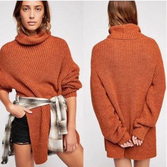 Free People Eleven Chunky Knit Turtleneck Pullover Long Sweater Size M Brown - Picture 1 of 10